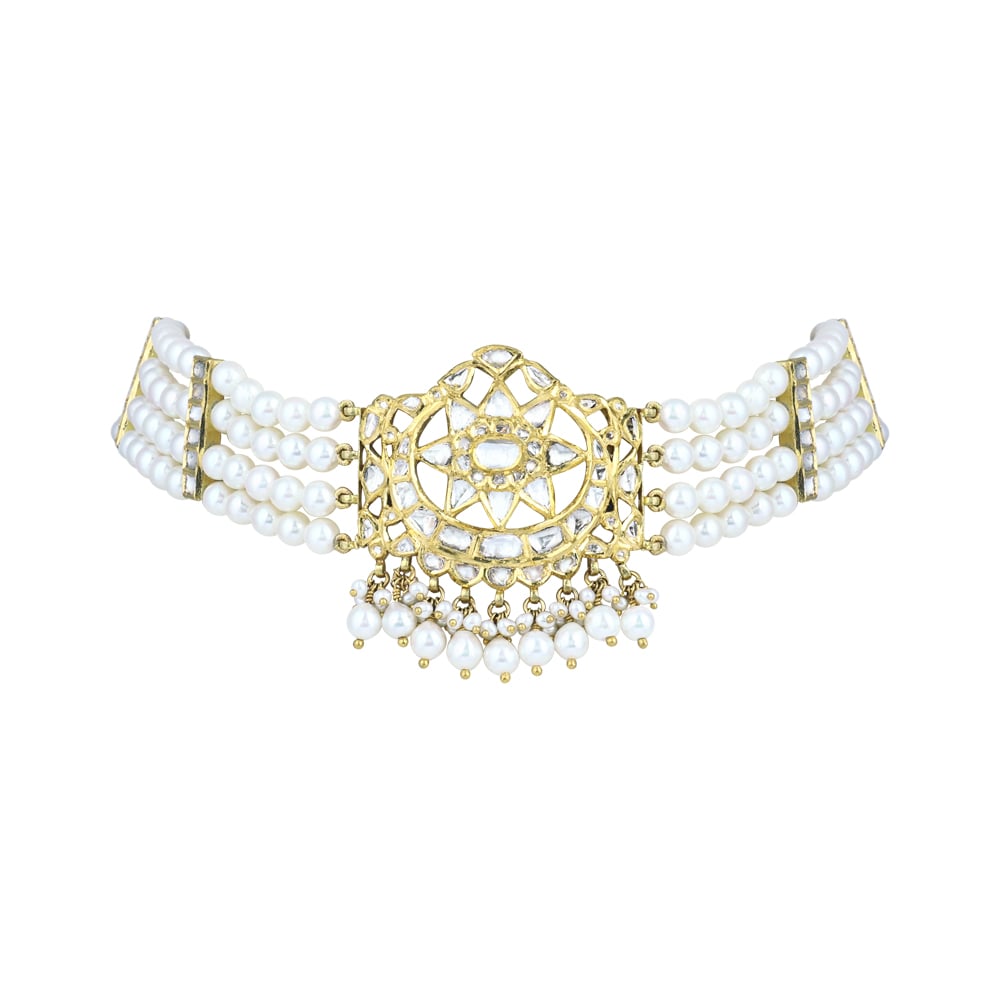 Polki Choker with Pearl Strands and Geometric Central Motif